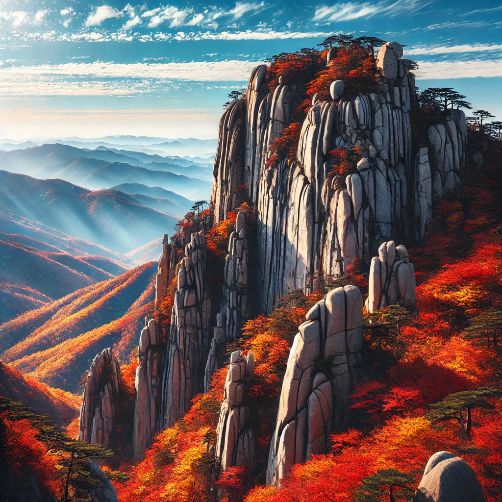 가을 단풍으로 물든 설악산의 절경&amp;#44; 선명한 바위 절벽과 맑은 하늘을 배경으로 한 아름다운 풍경.