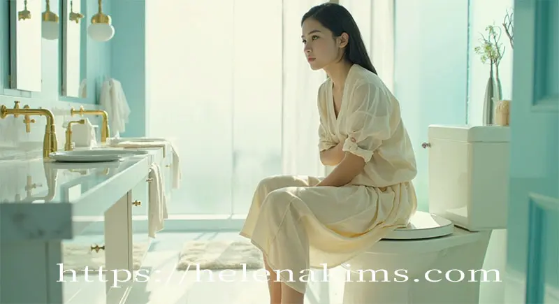 아침에 욕실 변기에 앉아 있는 힘들어 하는 여성 이미지.