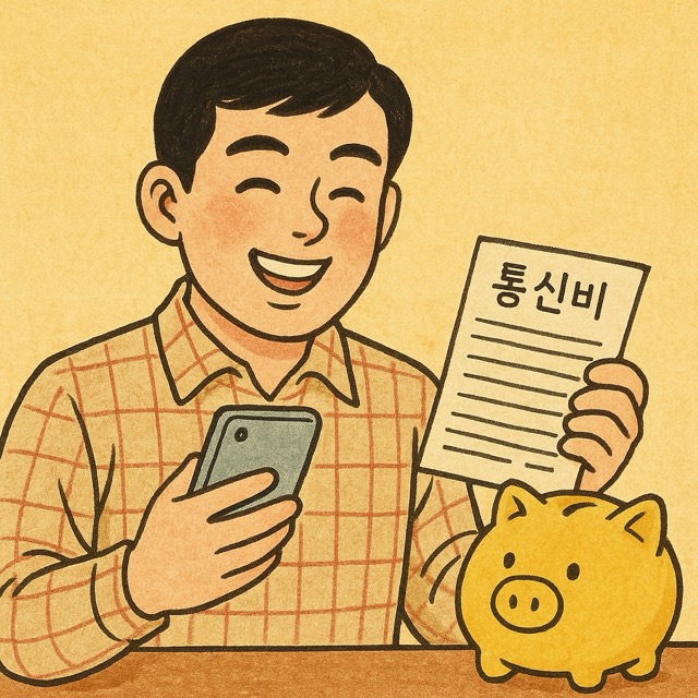 스마트폰을 들고 통신비 고지서를 보며 절약에 성공한 듯 미소 짓는 남성과 노란 저금통
