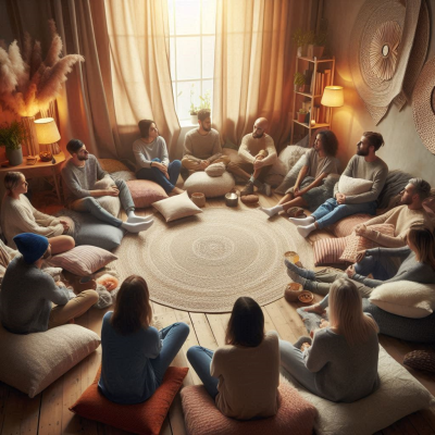 여러 사람들이 모여 편안하게 앉아 명상하는 방