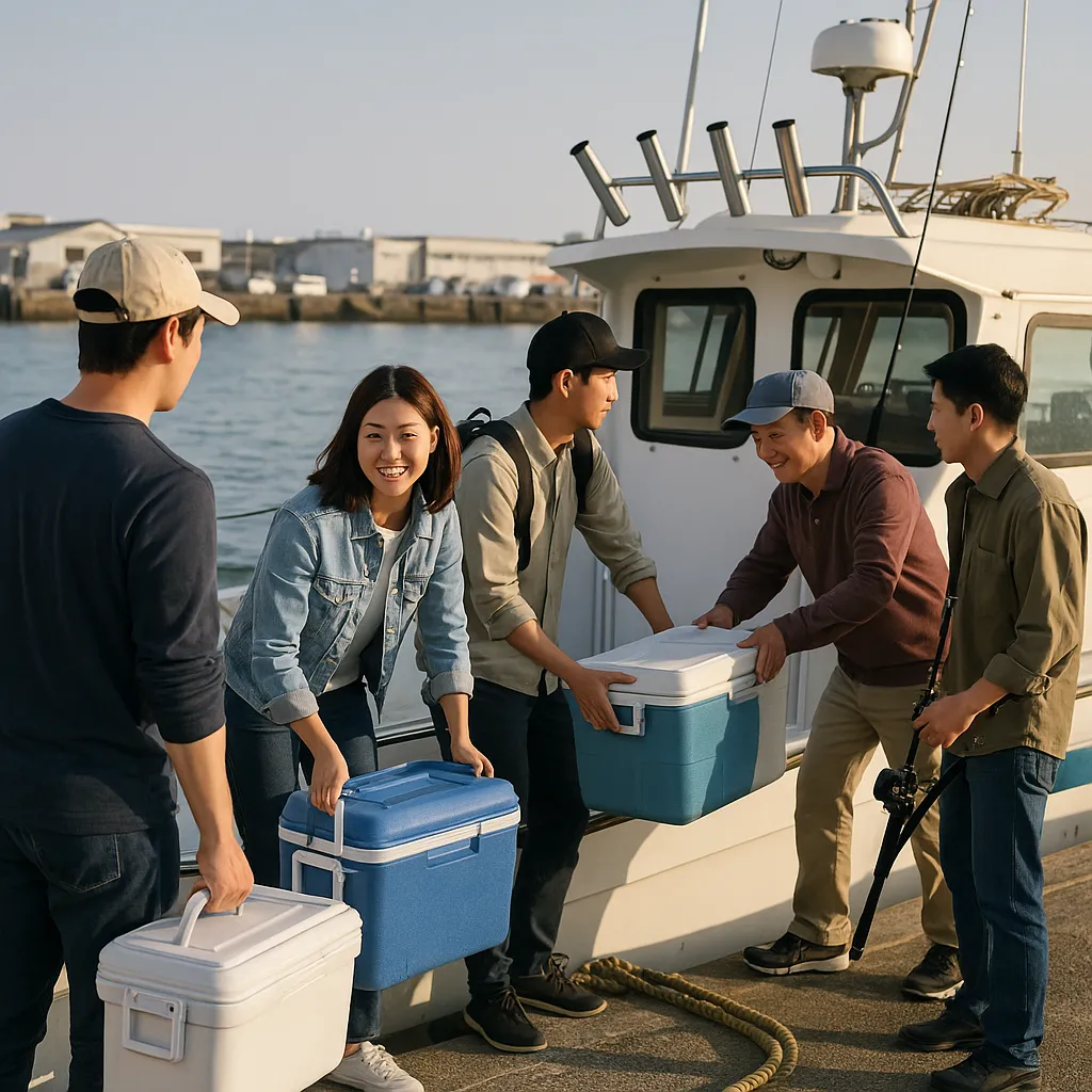 낚시 여행 준비 중 장비를 배에 싣는 사람들의 활기찬 모습