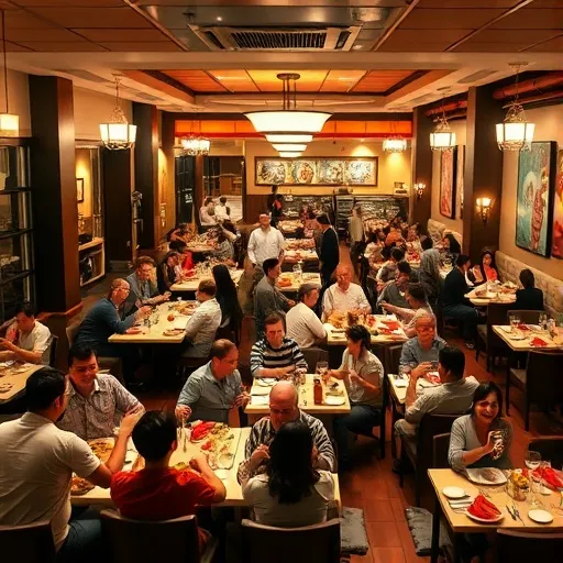 이전 '텅 빈 레스토랑' 이미지와 대비되게, 테이블이 손님들로 가득 차 활기찬 분위기의 레스토랑 내부를 보여줍니다. 손님들은 즐겁게 식사를 하고 직원들은 바쁘게 움직입니다.