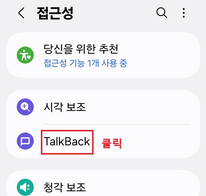 접근성 페이지에 TalkBack 메뉴 보임