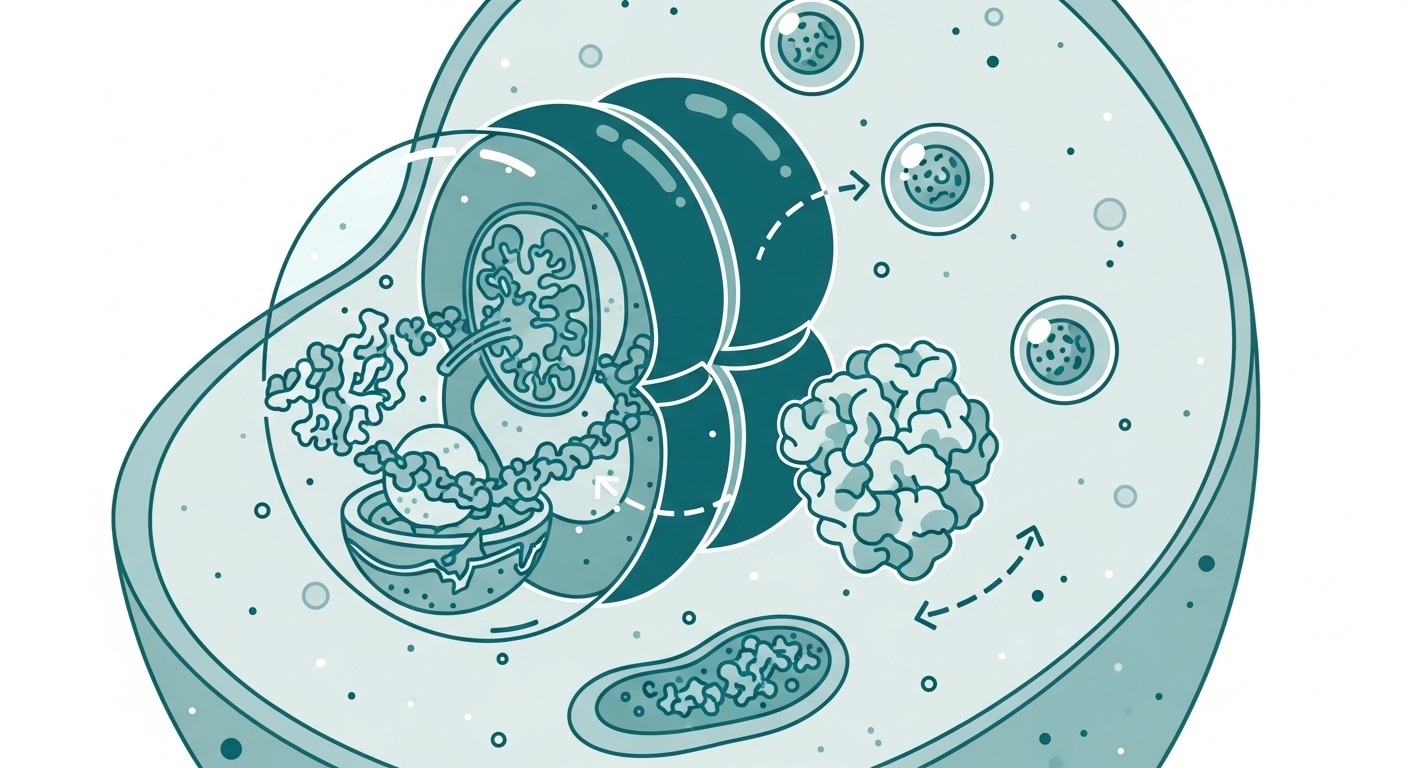 손상된 미토콘드리아나 단백질을 자가포식소(autophagosome)가 감싸 분해하는 과정을 묘사한 세포 그림. 세포 내 청소 및 재활용 메커니즘을 시각적으로 보여줍니다.