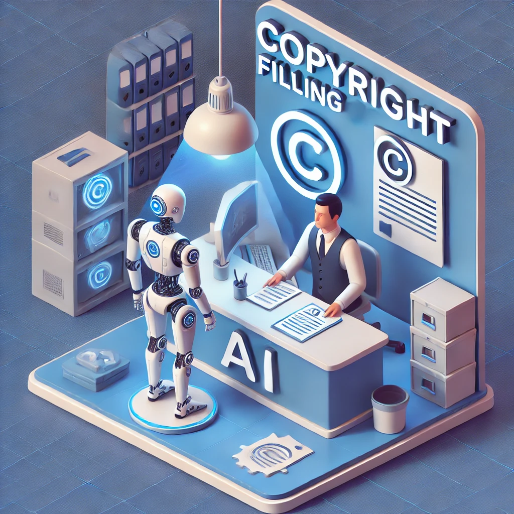 미래적인 저작권 등록 사무소에서 AI 로봇이 자신이 만든 작품을 등록하려고 서 있는 장면. 직원은 혼란스러운 표정으로 바라보고 있다. 공간은 현대적이고 기술적인 분위기이며, 장면 전체가 창작과 저작권의 충돌을 상징한다