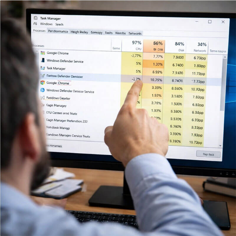 윈도우 작업관리자 화면에서 CPU와 메모리 사용률을 확인하는 장면
