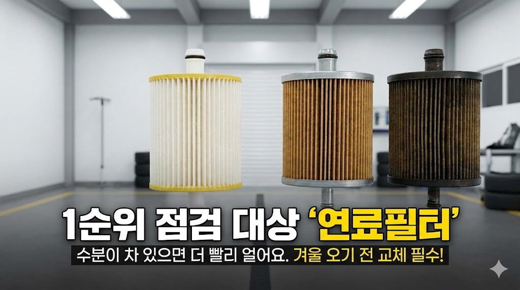 깨끗한 정비소 배경에 새 연료필터와 오염된 연료필터를 비교하여 보여줌으로써 교체의 필요성을 직관적으로 전달합니다. "1순위 점검 대상"이라는 문구로 중요성을 강조하고, 수분과 추위가 필터 막힘의 원인임을 설명하여 예방 정비의 중요성을 알립니다.