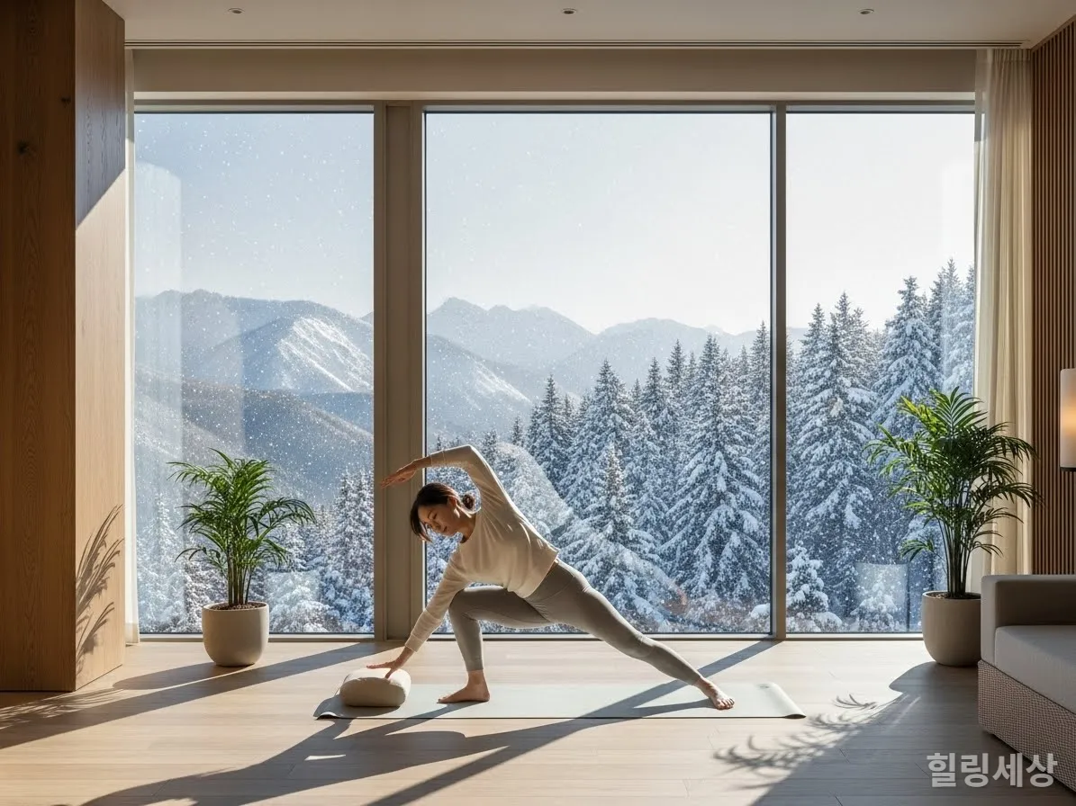 강원도 정선 웰니스 리조트에서 요가하는 한국 여성