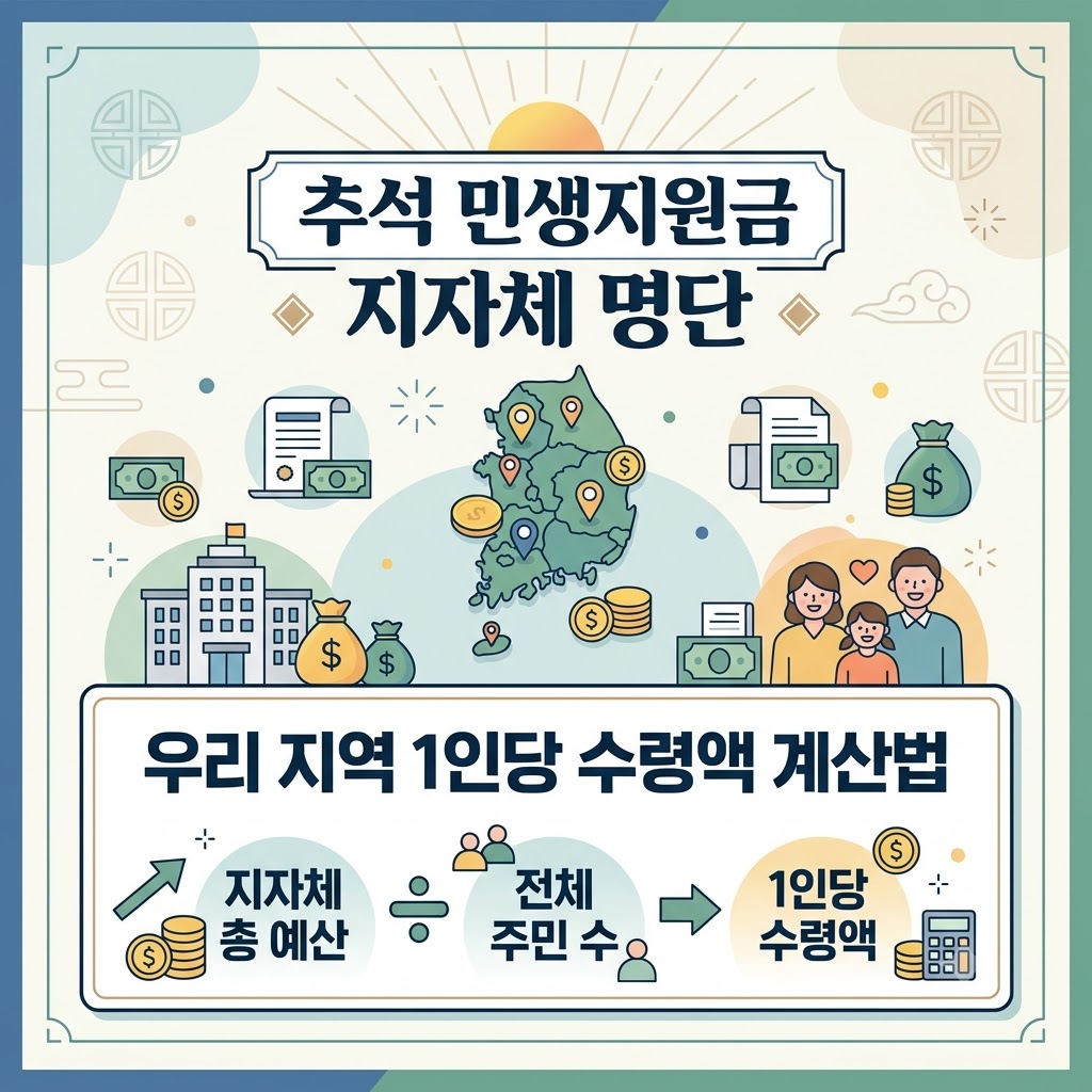 추석 민생지원금 지자체 명단과 대한민국 지도, 그리고 지자체 총 예산을 전체 주민 수로 나누어 1인당 수령액을 구하는 계산법을 나타낸 인포그래픽 이미지.