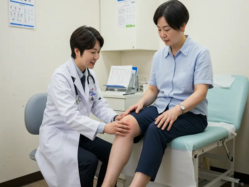 의사가 무릎 통증을 호소하는 환자를 진료하며 격려하는 모습. 관절염으로 고통받는 사람들에게 희망과 정보를 전달한다.