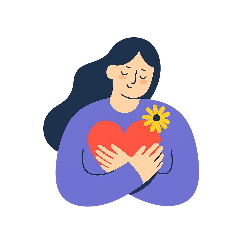 꽃과 하트를 안고 있는 여성이 자기 자신을 따뜻하게 수용하는 모습