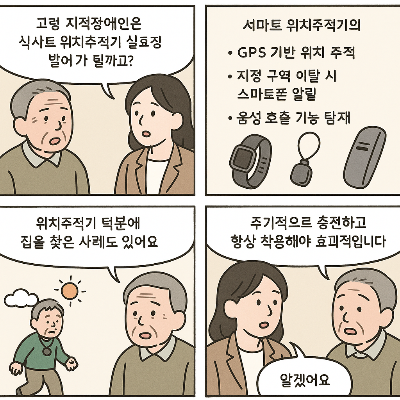 고령 지적장애인을 위한 스마트 위치추적기의 실효성을 설명하는 네컷 만화. 1컷: 어르신이 실효성 여부를 묻고, 보호자가 설명. 2컷: GPS 추적, 음성 호출, 지정 구역 이탈 알림 기능 소개. 3컷: 실제 실종 사례에서 위치추적기로 조기 발견된 경험 언급. 4컷: 정기 충전 및 지속 착용의 중요성 강조.&quot;&gt;