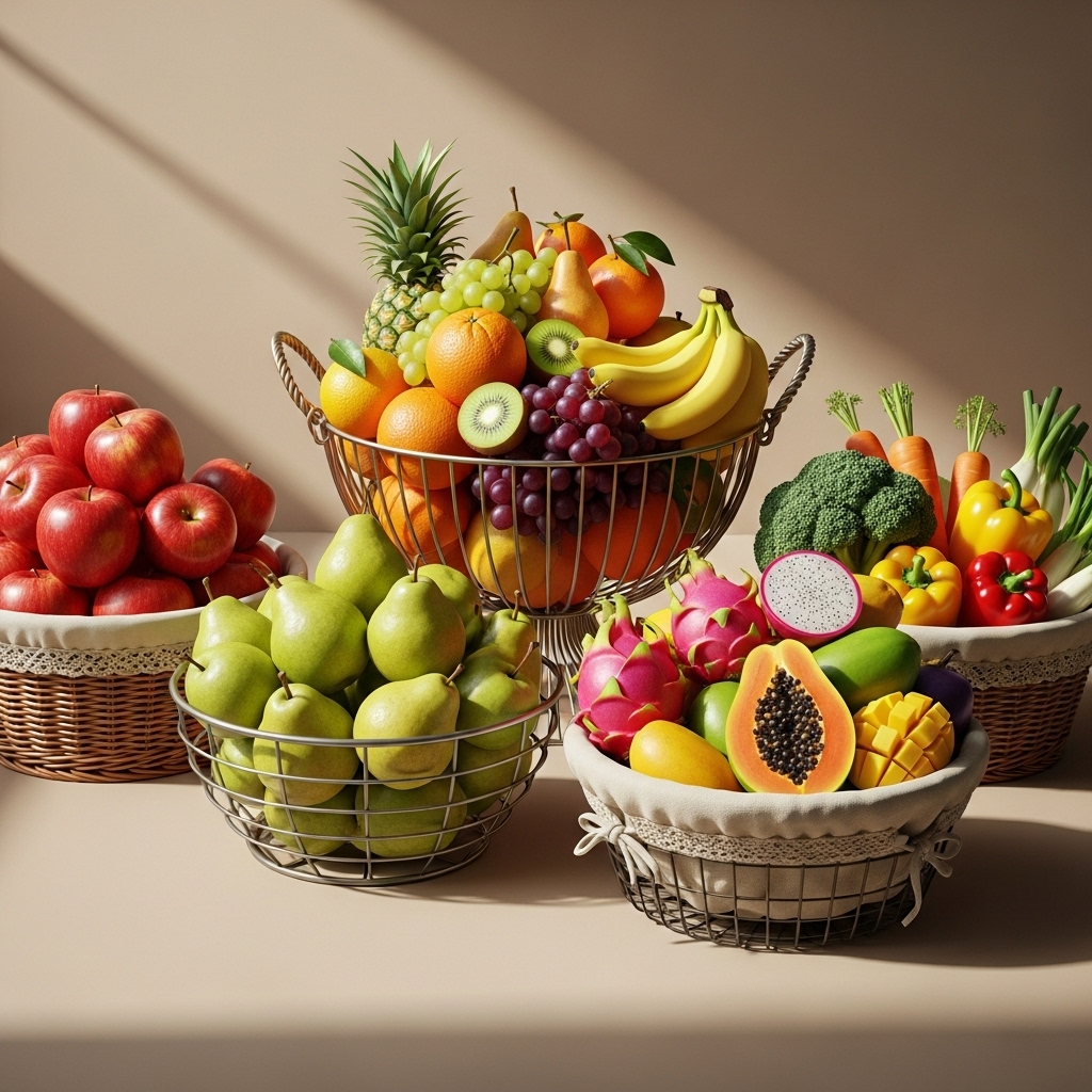 여러 종류의 과일이 각각 다른 바구니에 담겨 있는 모습. 주식 분산 투자를 통해 위험을 분산하는 개념을 시각적으로 설명합니다.