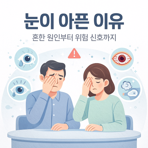 눈이 아픈 다양한 이유를 상징하는 남녀와 눈 통증 아이콘