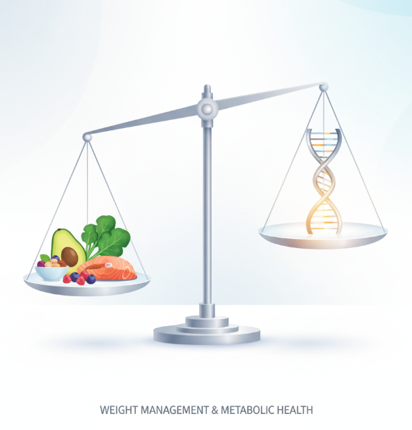 건강한 식단과 유전자의 균형을 보여주는 체중 조절 및 대사 건강 저울 일러스트