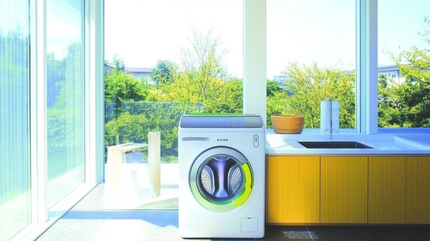 삼성 세탁기의 친환경 기능과 세련된 디자인을 자랑하는 현대식 세탁실. 창문을 통해 들어오는 햇살이 공간을 따뜻하게 밝혀줍니다.