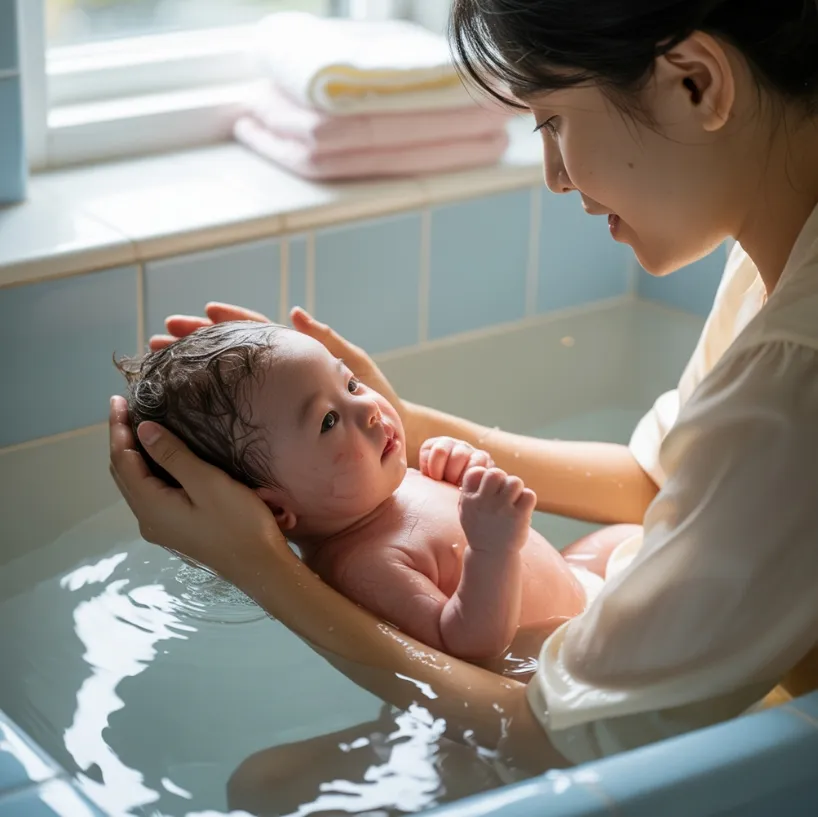 아기 목욕을 시켜주고 있는 엄마
