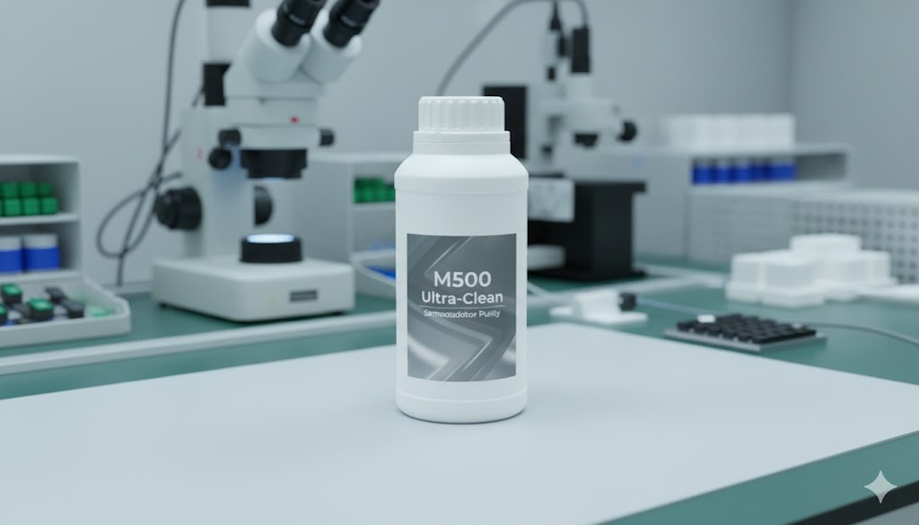 삼양플라스틱 M500 불투명 백색 용기가 'M500 Ultra-Clean' 및 'Semiconductor Purity' 라벨을 부착하고, 회색과 메탈릭한 기술적 배경 디자인과 함께 정밀 전자 부품 조립 라인 또는 클린룸 작업대 위에 놓여 있습니다. 용기의 전문적인 이미지는 정밀 세척액이나 고순도 액체 보관에 적합함을 강조합니다.