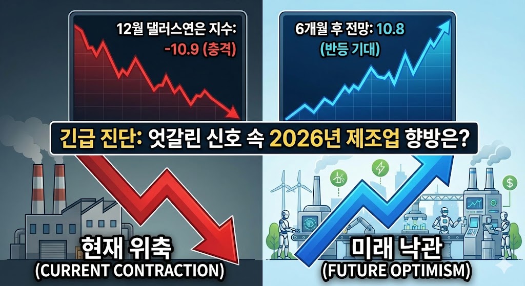 12월 댈러스 연준 제조업 지수의 -10.9 하락 쇼크와 향후 6개월 뒤의 경기 반등 전망을 비교 분석한 정보성 블로그 썸네일 이미지
