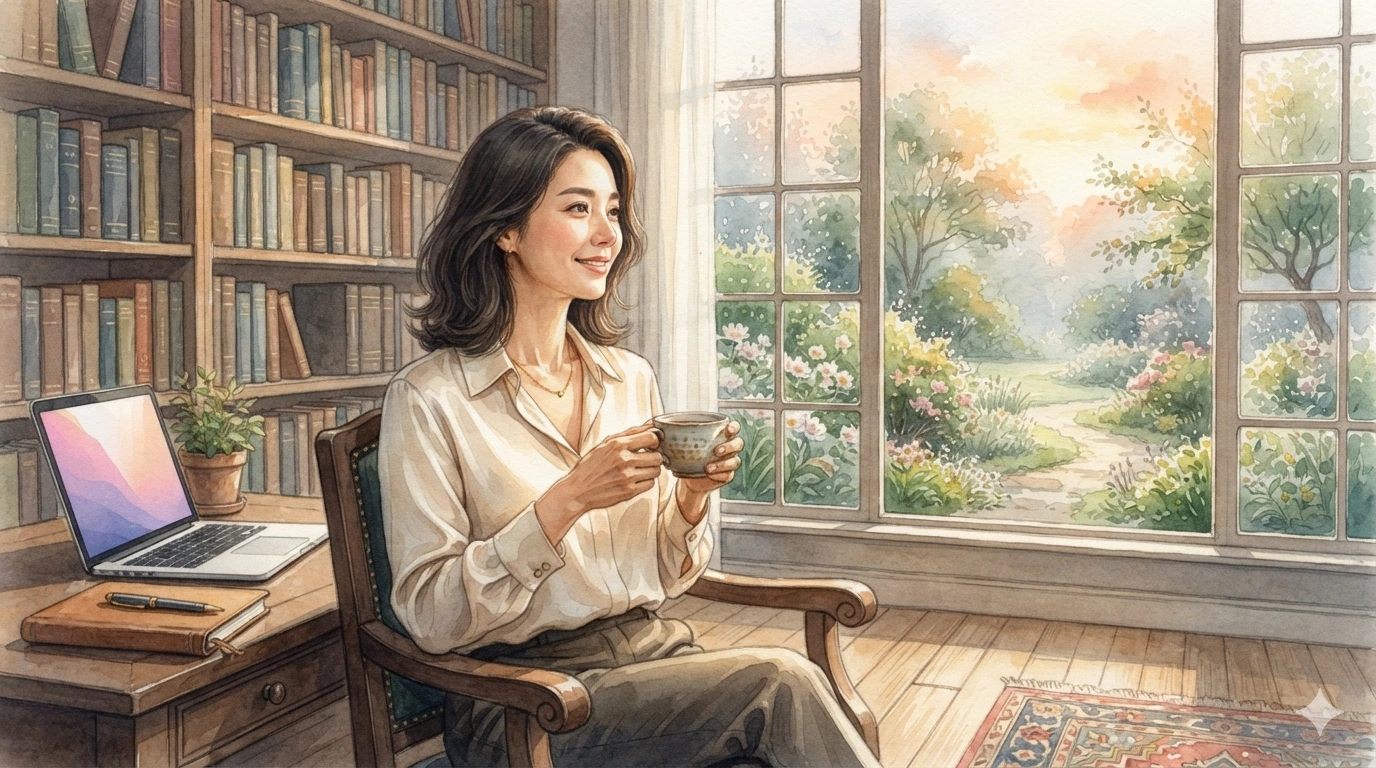 서재에서 평온한 시간을 보내는 한국인 여성의 수채화 이미지를 통해 반안살의 안락함을 표현