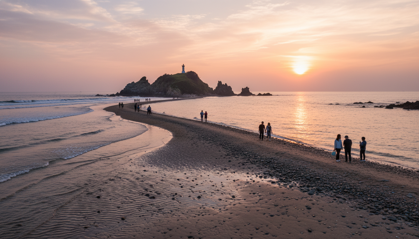 무창포 신비의 바닷길이 열려 사람들이 섬으로 걸어가는 풍경