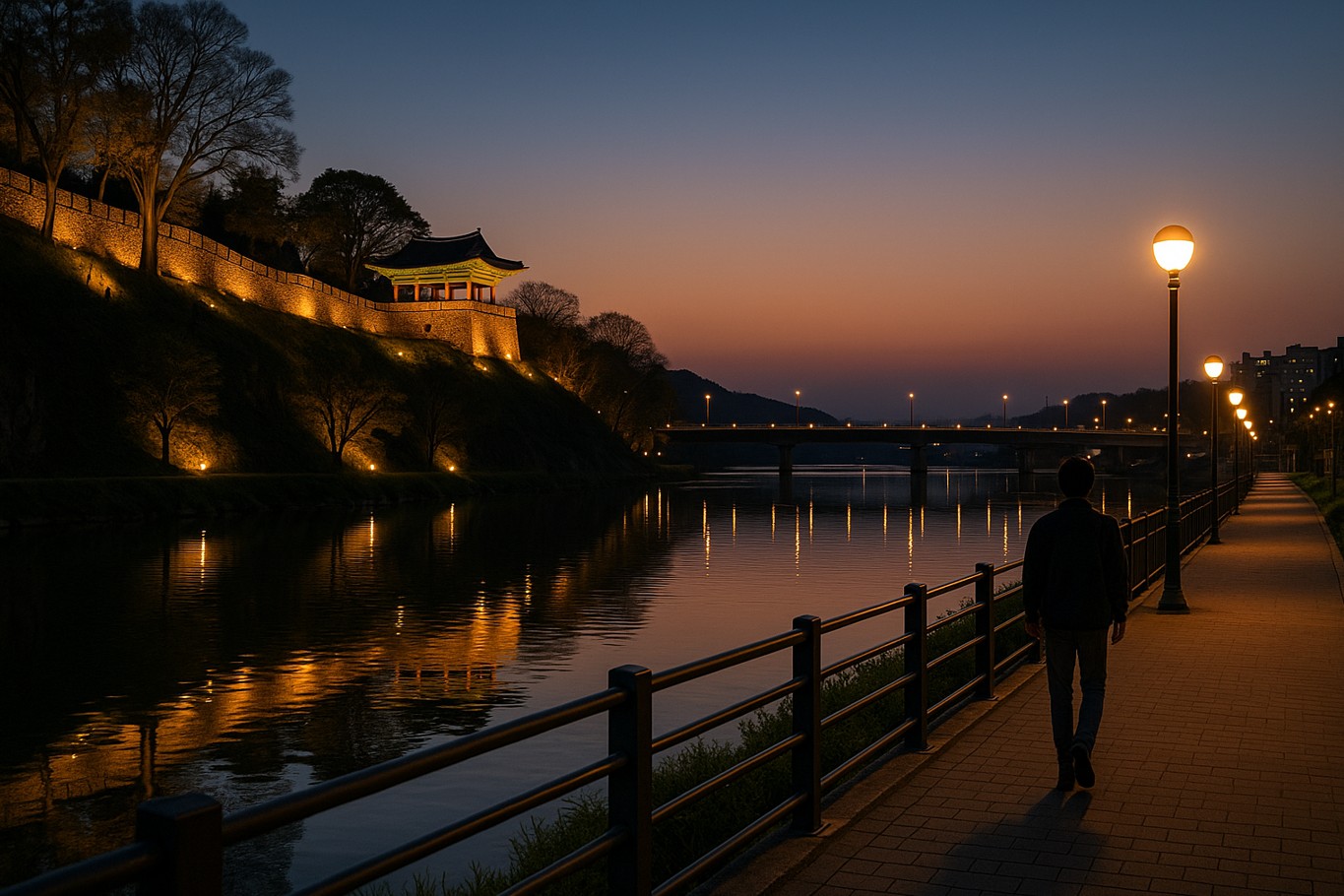 공산성과 야경이 보이는 중년 남성 사진