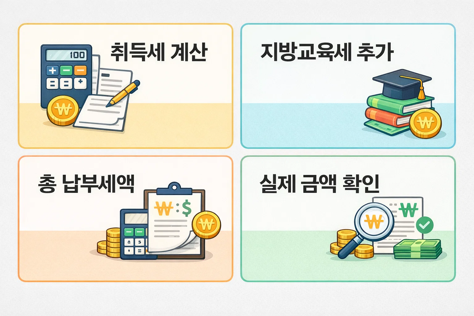 취득세 계산과 지방교육세 추가를 통해 총 납부세액과 실제 납부 금액을 확인할 수 있는 세금 계산 예시 이미지