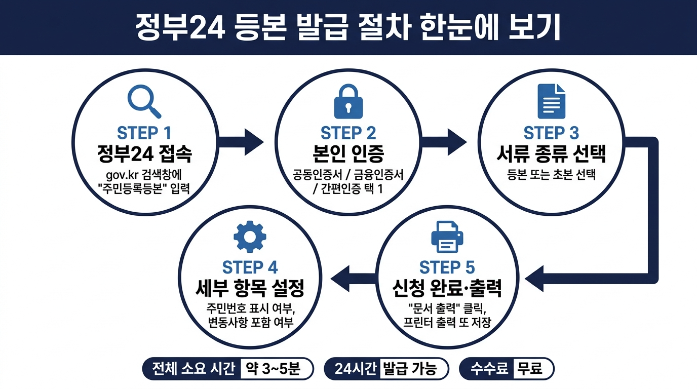정부24 주민등록등본 인터넷 발급 절차 플로차트 인포그래픽 - STEP 1: 정부24 접속 후 검색창에 주민등록등본 입력, STEP 2: 본인 인증(공동인증서&middot;금융인증서&middot;간편인증 중 택 1), STEP 3: 서류 종류 선택(등본 또는 초본), STEP 4: 세부 항목 설정(주민번호 표시 여부, 변동사항 포함 여부), STEP 5: 신청 완료&middot;출력(문서 출력 클릭, 프린터 출력 또는 PDF 저장). 전체 소요 시간 약 3~5분, 24시간 발급 가능, 수수료 무료