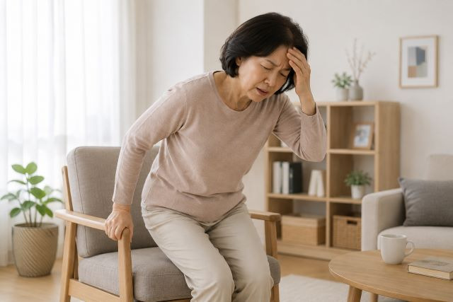 갑자기 일어선 뒤 어지럼증을 느끼며 몸의 중심을 잡는 모습