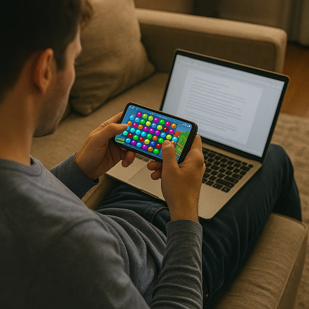 소파에 앉아 노트북과 모바일 게임을 동시에 사용하는 사람