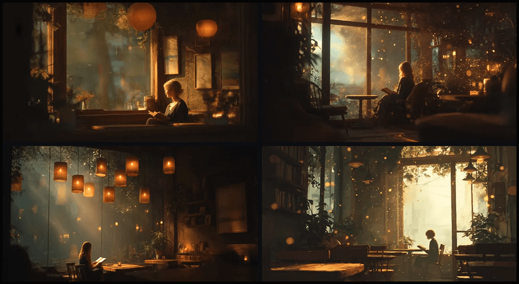 카페 공간의 부드러운 조명과 나무 질감, 따뜻한 무드 이미지_Midjourney