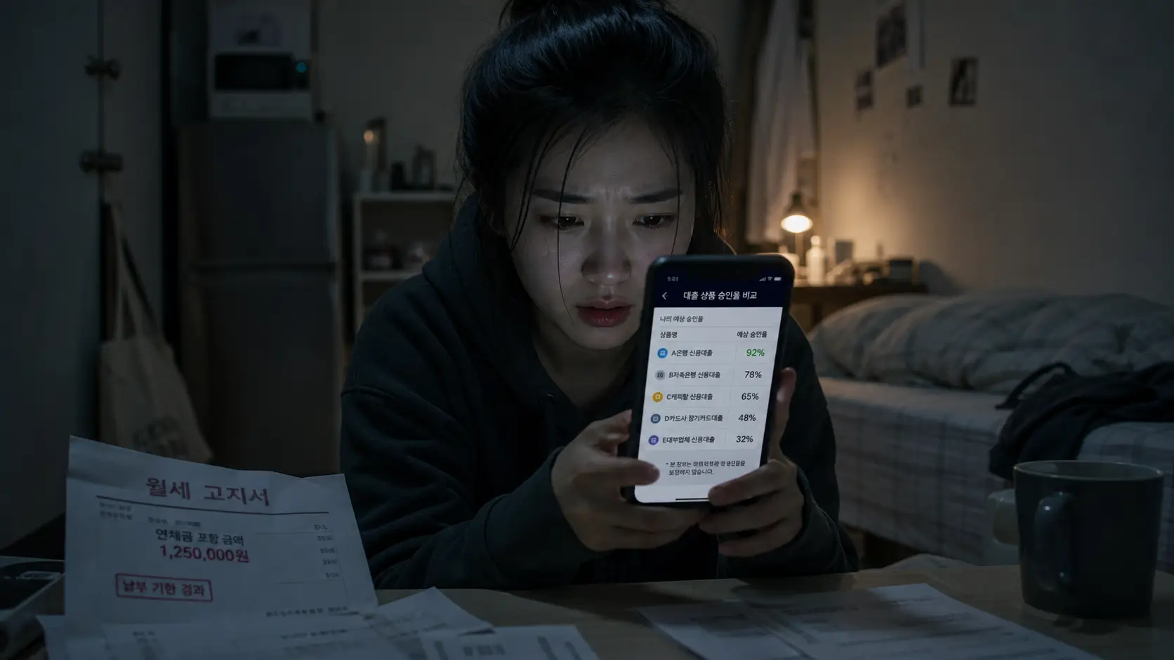 어둑한 원룸 안에서 밀린 월세 고지서를 옆에 두고 스마트폰 모바일 뱅킹 앱으로 대출 승인율 비교표를 절박하게 확인하는 20대 여성의 모습