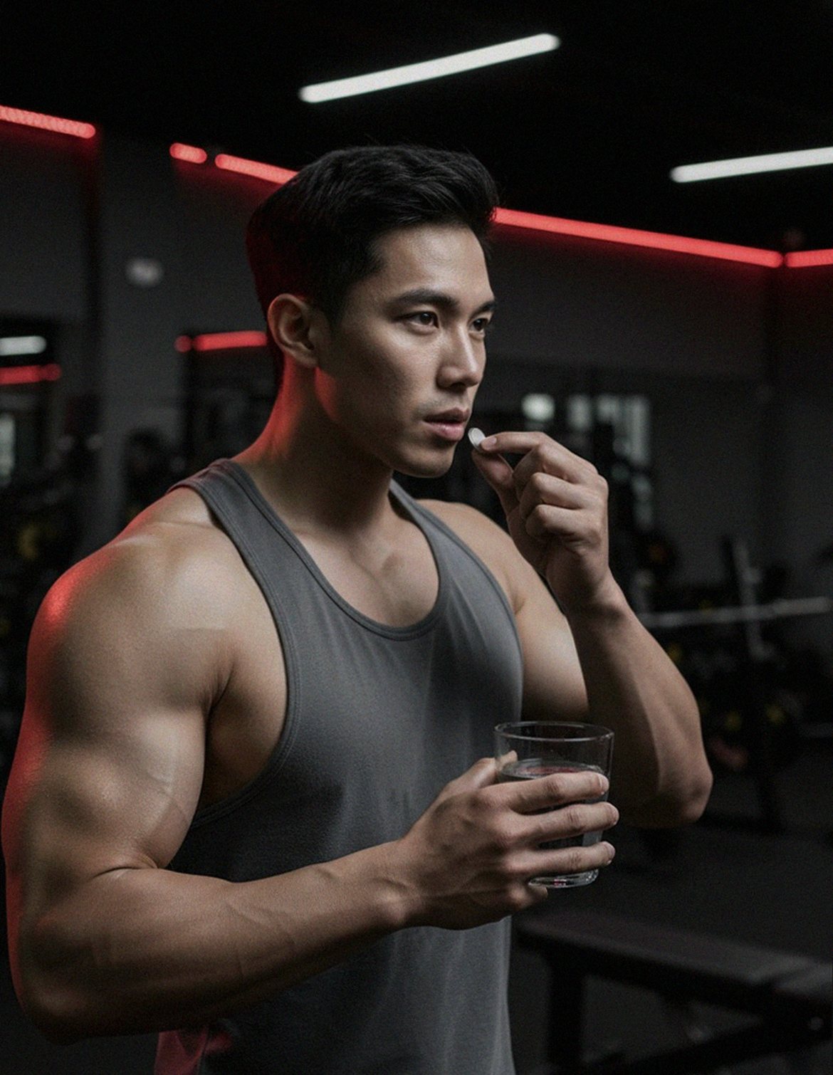 Korean Asian man in his late 30s waking up in the morning stretching arms