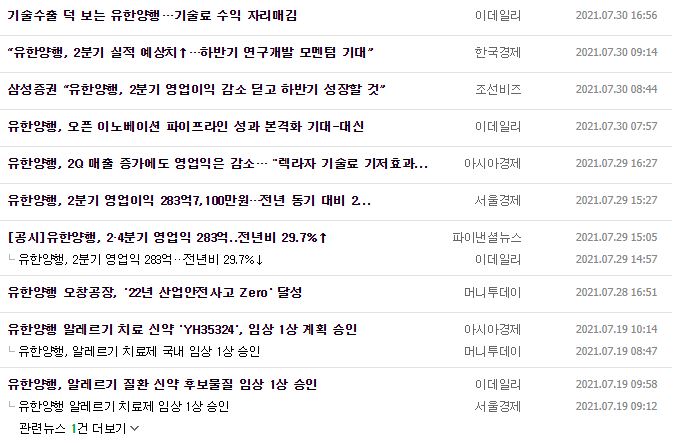 유한양행 뉴스, 공시