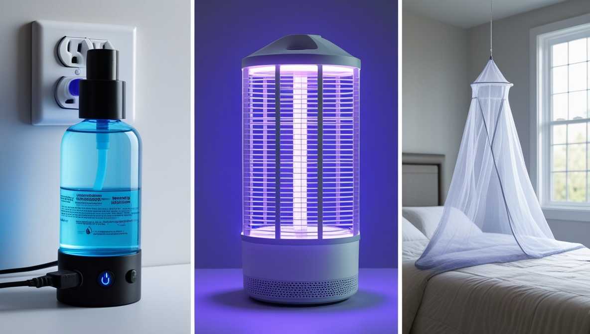 액체형 모기향, UV 포충기, 촘촘한 모기장의 이미지를 나란히 보여주는 사진