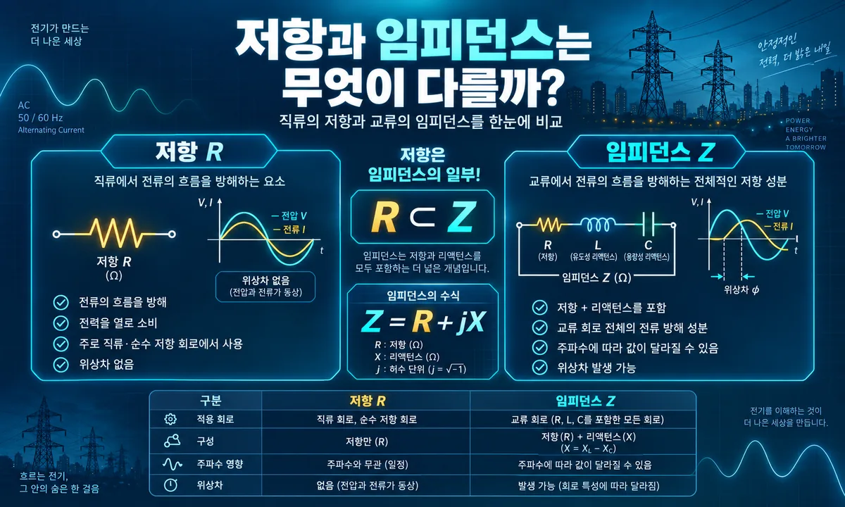 저항 R과 임피던스 Z의 차이와 전압 전류 위상 관계 비교