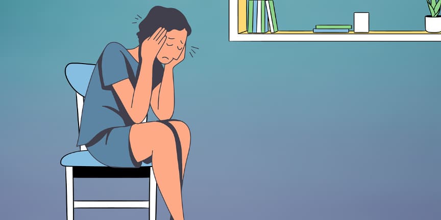 손을 머리 위에 올리고 두통을 호소하는 여자