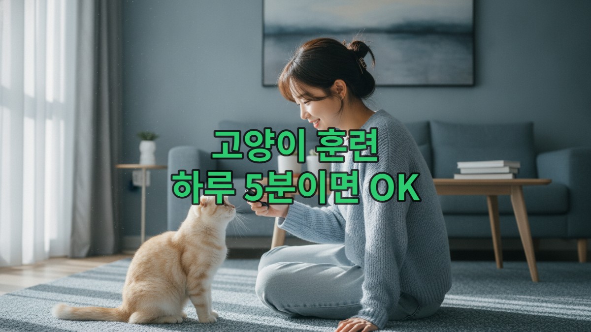 젊은 한국 여성이 클릭커를 들고 고양이에게 간식을 주며 긍정 강화 훈련을 하는 따뜻한 장면. 고양이와 사람이 교감하는 모습.