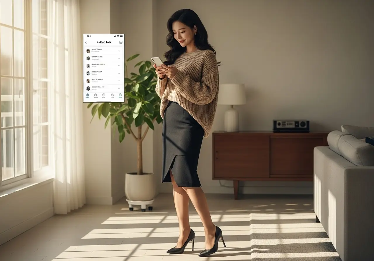 세련된 여성이 광고가 사라진 깨끗한 카카오톡 화면을 보며 만족스럽게 미소 짓고 있다