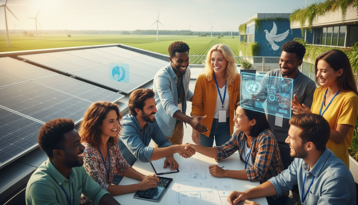 다양한 개발도상국 출신 사람들이 협력하며 지식과 기술을 공유하고 있는 모습. 지속가능한 발전 목표를 상징하는 요소들이 배경에 어우러져 글로벌 연대와 희망을 표현합니다.
