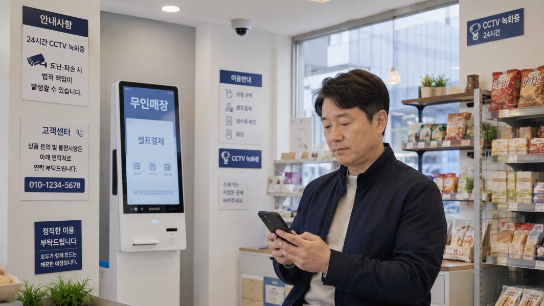 무인점포 내부에서 키오스크와 CCTV를 통해 운영 주의사항을 관리하는 모습