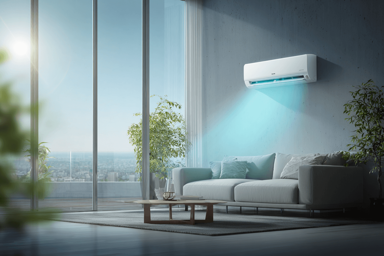 거실의-벽걸이-에어컨이-찬바람을-내보내는-효과-이미지