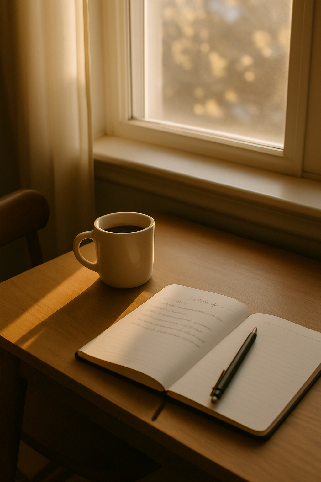 햇살이 비치는 아침, 조용한 방 안 책상 위 커피와 노트, 따뜻한 공간 이미지
조용한 아침, 햇살, 커피, 노트, 실내 공간