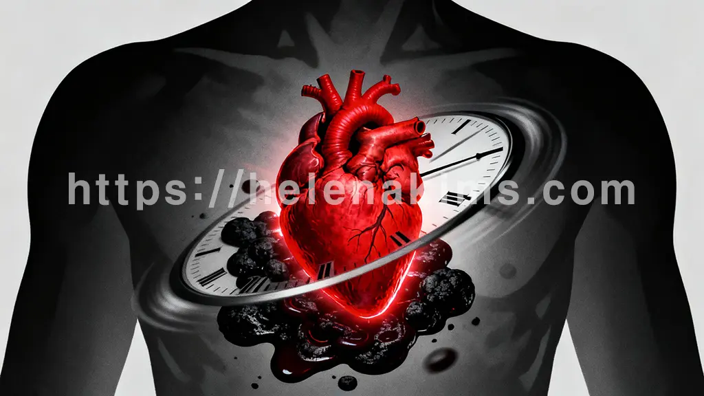 중앙에 심장이 강렬한 붉은색으로 긴급하게 박동하며, 심장 주변에는 혈전으로 막힌 혈관을 상징하는 검은색 덩어리들과 함께, 빠르게 움직이는 시계 초침이 오버레이되어 '골든타임'의 긴박함을 극대화. 고통과 긴급함이 느껴지도록 연출.