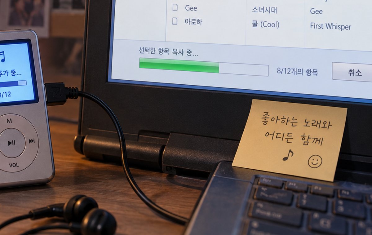 컴퓨터 음악 목록 옆에 놓인 MP3 플레이어와 유선 이어폰