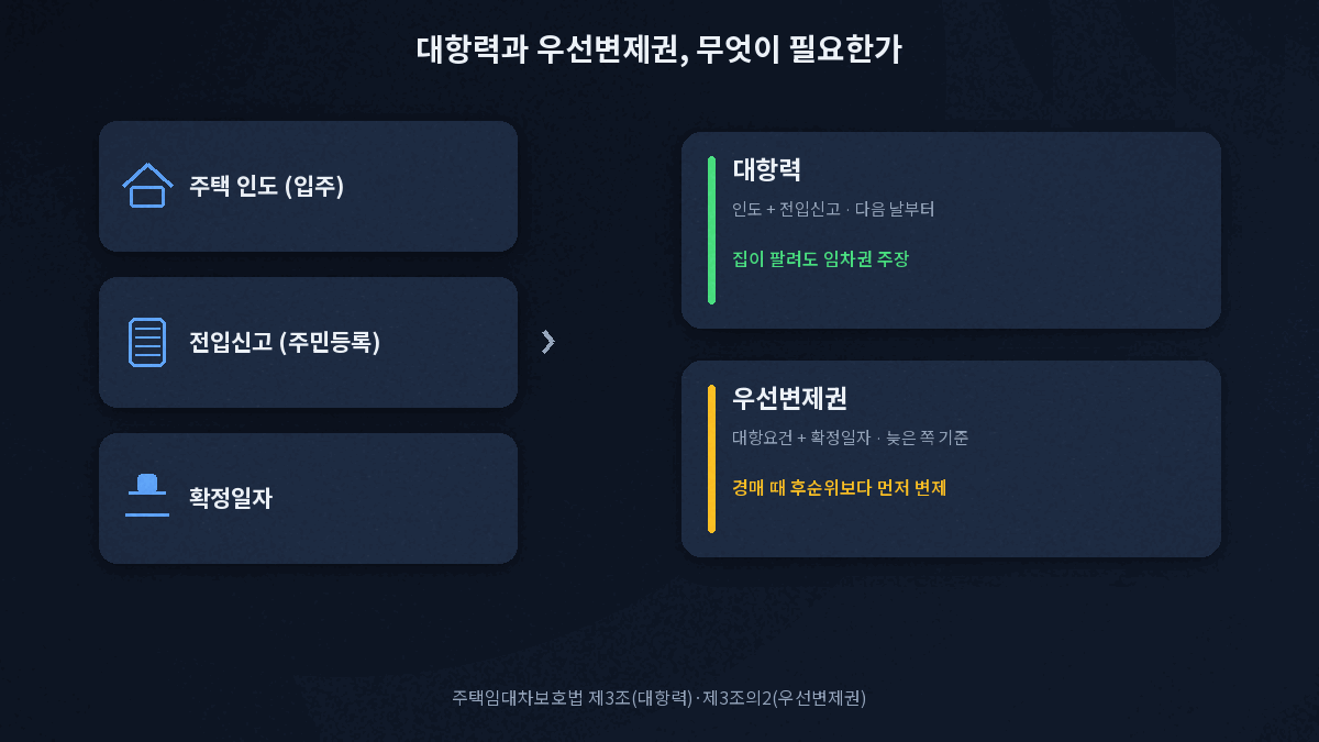 주택 인도와 전입신고는 대항력, 여기에 확정일자를 더하면 우선변제권이 생기는 요건 관계