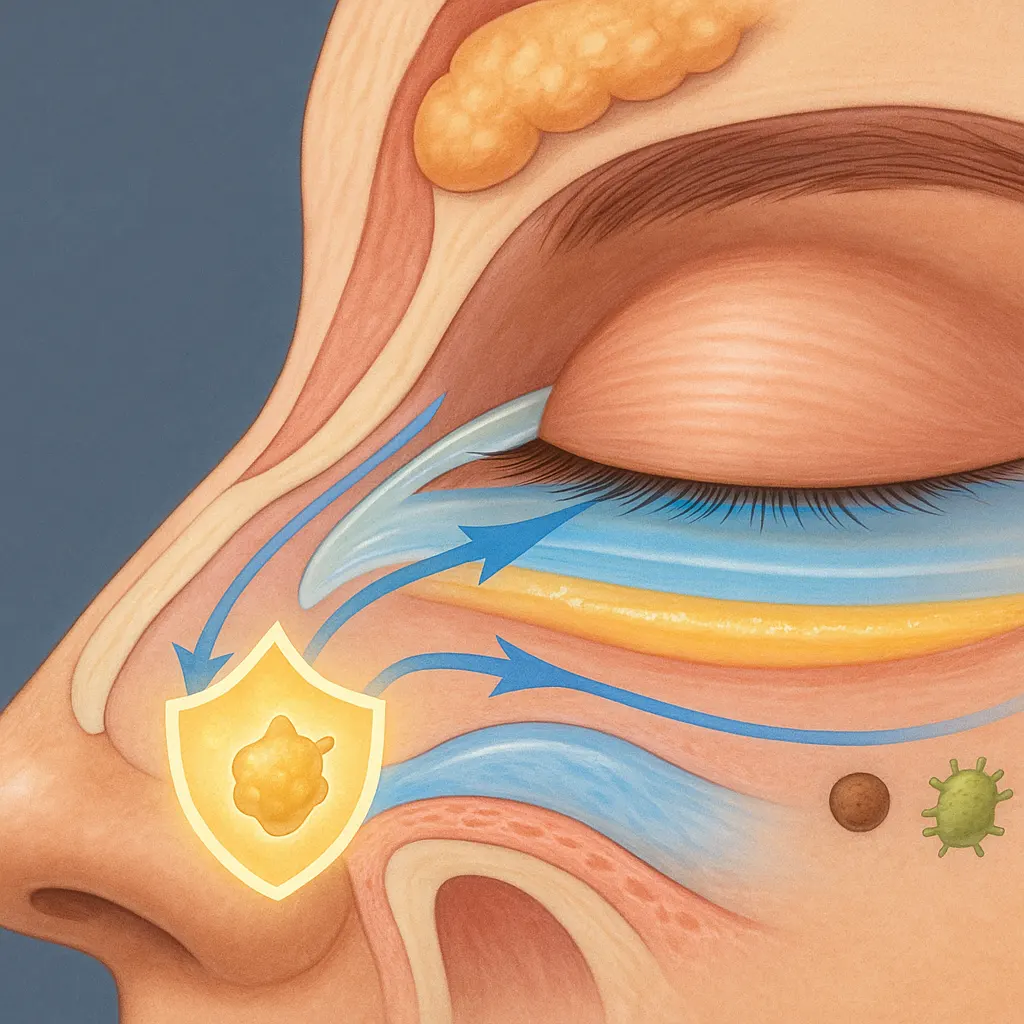 눈물 순환이 느려져 눈곱이 형성되는 과정의 단면도 – 먼지와 세균을 막아주는 방패 역할을 하는 눈곱 강조