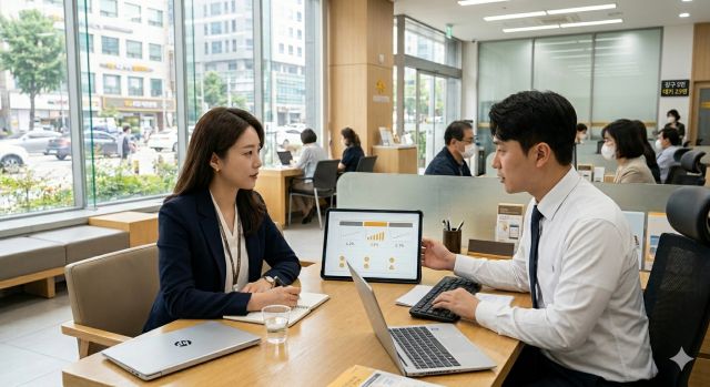 신용대출 금리 비교를 위해 여러 금융상품을 확인하는 직장인 상황 이미지