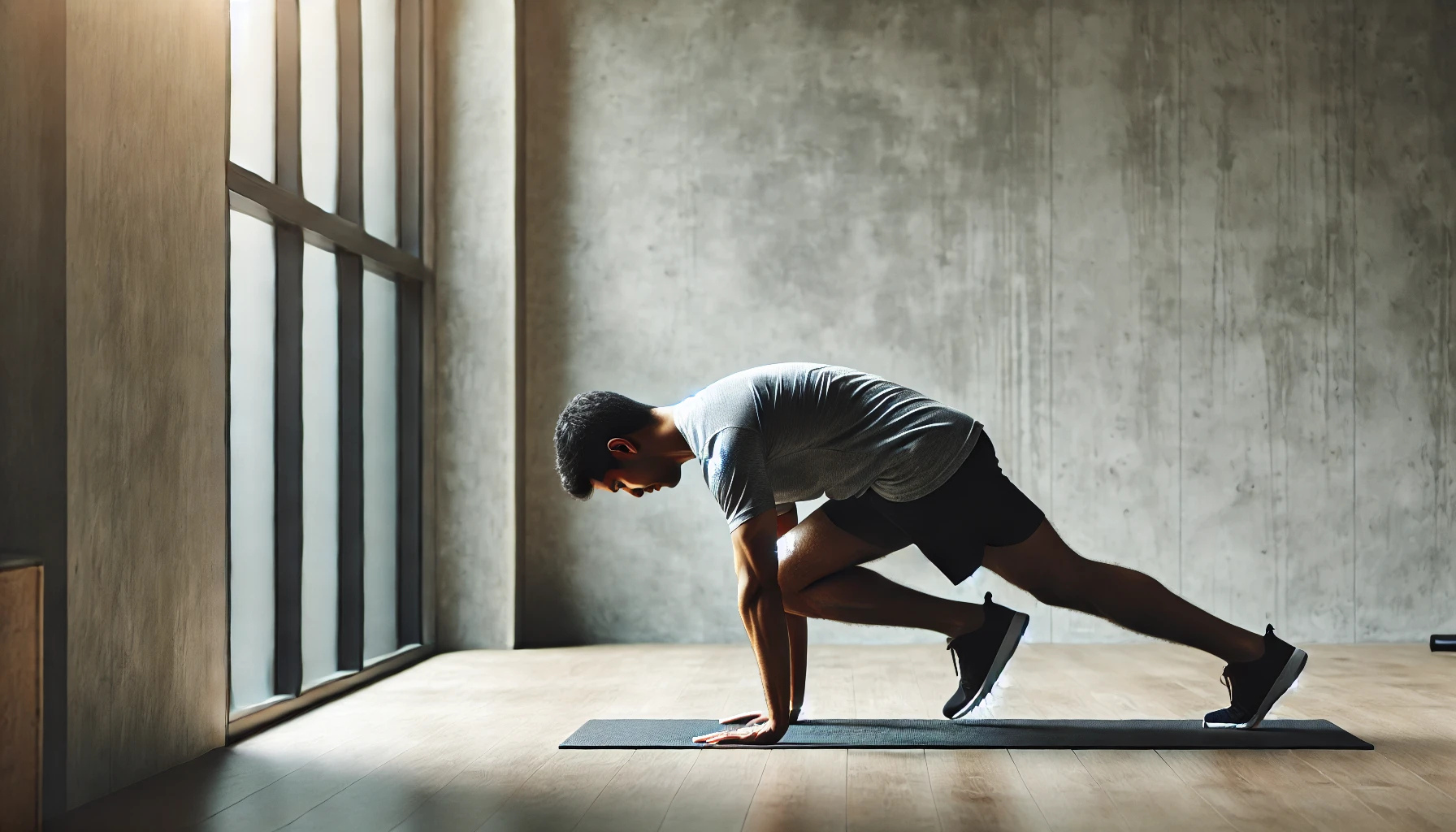 마운틴 클라이머 - 푸쉬업 자세에서 한쪽 무릎을 가슴 방향으로 당겼다가 교차하는 동작