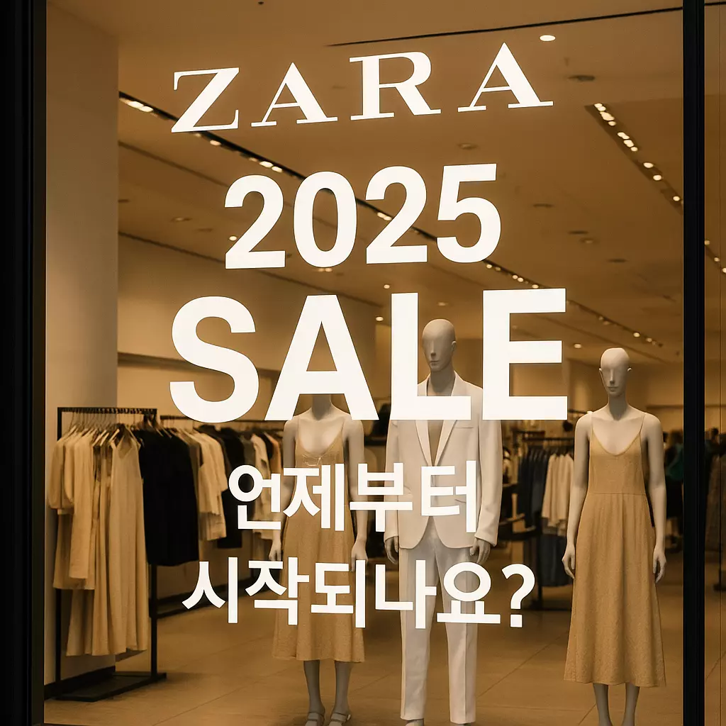 ZARA 2025 세일 시작일 궁금증 유발 이미지. 쇼윈도에 SALE 문구가 걸린 자라 매장 정면 사진